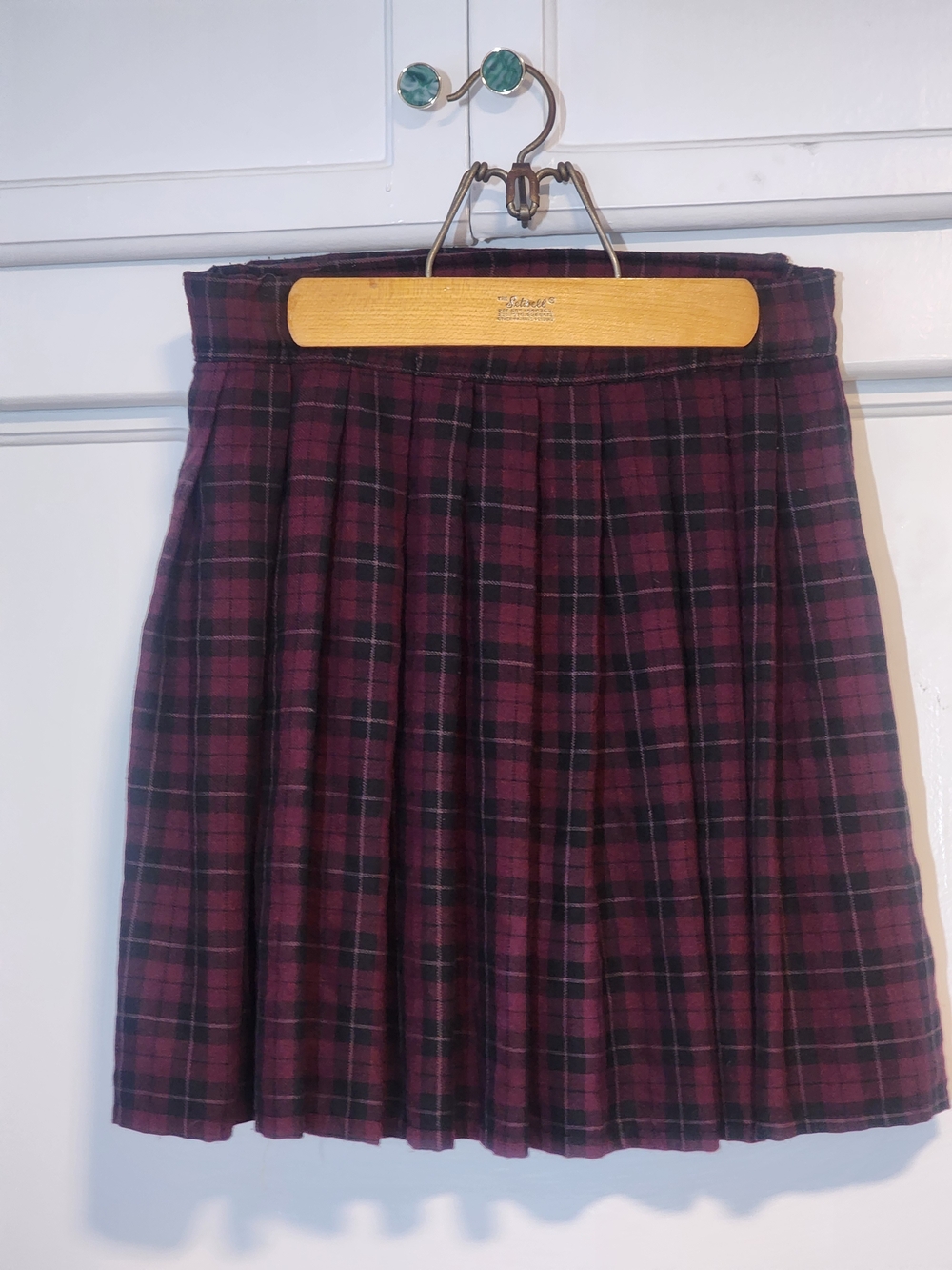 Pleated Plaid Mini Skirt - Burgundy Black
